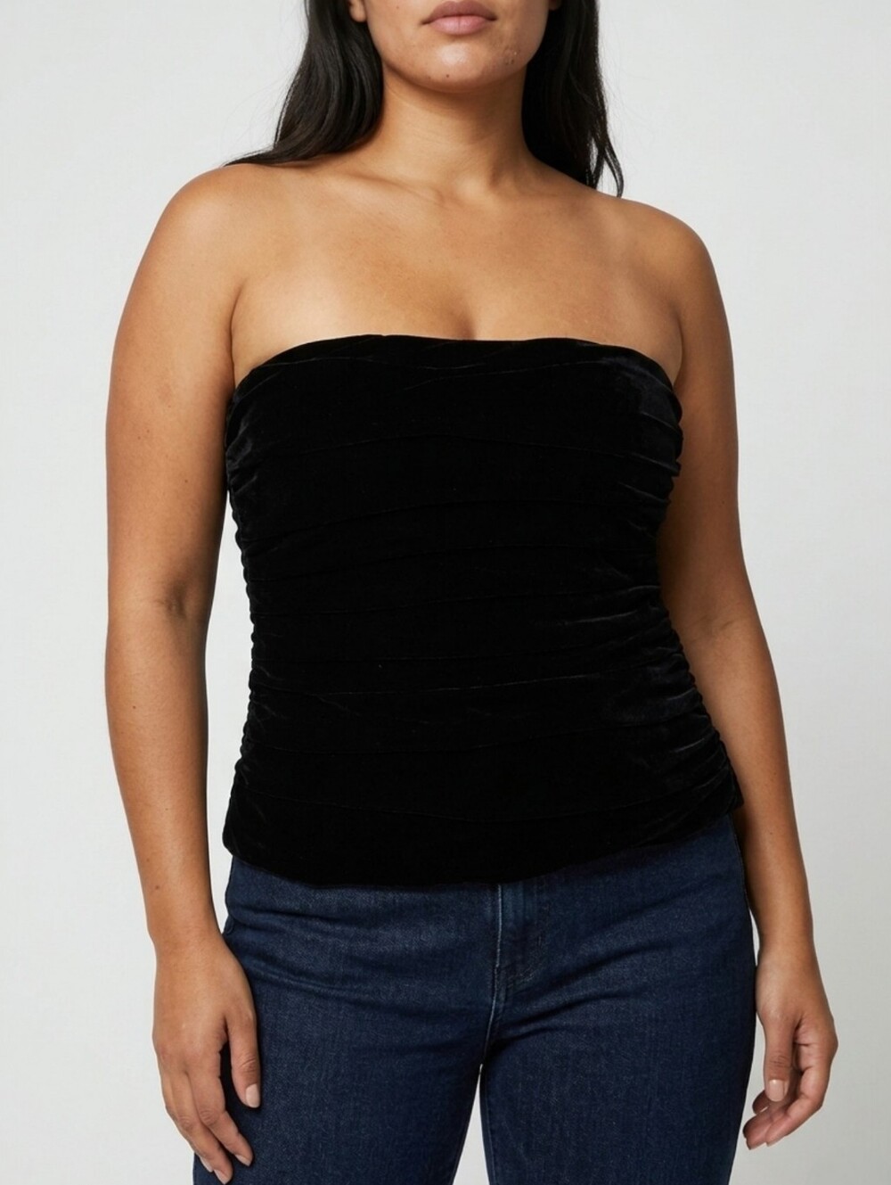 Vintage LRL Ralph Lauren Black Velvet Ruched Bustier Strapless Top Silk Blend 8